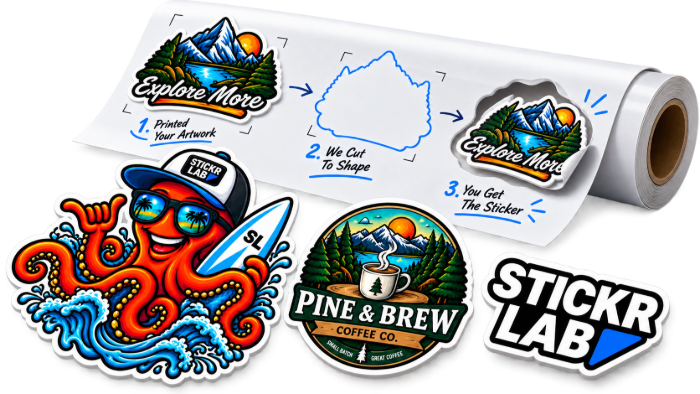 A roll of sticker vinyl printed with the die-cut sequence - printed artwork, the cut outline, then the finished sticker - with three finished die-cut stickers resting in front of it: a surfing octopus, a Pine and Brew Coffee Co. badge, and the Stickr Lab logo.