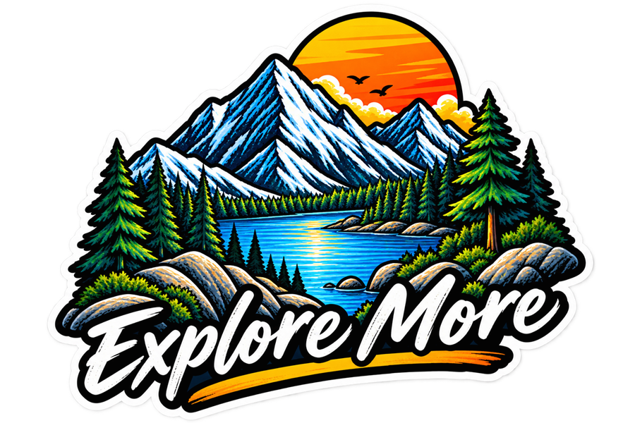 The finished Explore More die-cut sticker, cut to shape with its white border