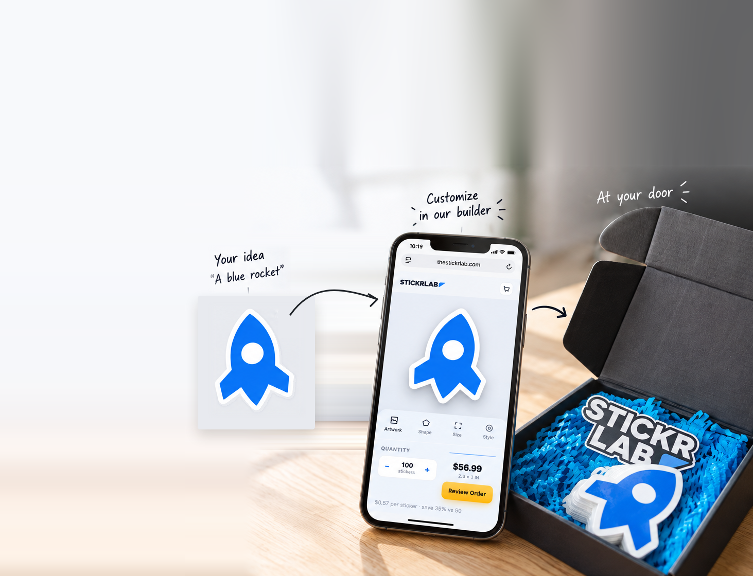 Rocket artwork, the STICKR LAB builder on a phone, and rocket stickers in a shipping box