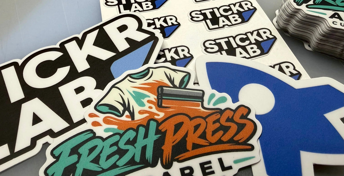STICKR LAB, Fresh Press and rocket die-cut stickers on a light surface